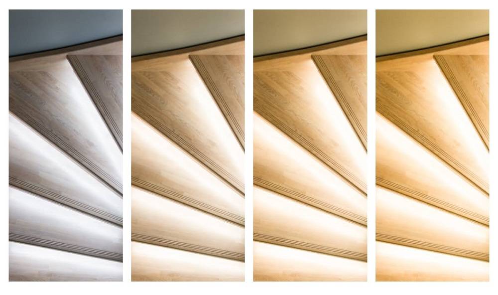Iluminación de escaleras con diferentes tonos de luz