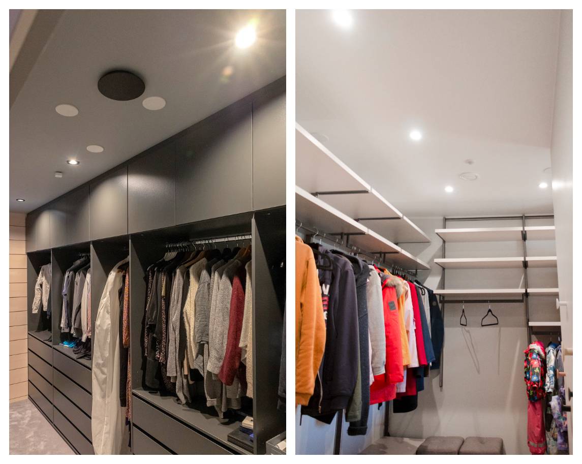 Dos armarios modernos, uno al lado del otro, con estantes integrados, cajones y espacio para colgar la ropa. Ambos aprovechan la iluminación del techo con focos LED: una solución práctica e inspiradora para los armarios.