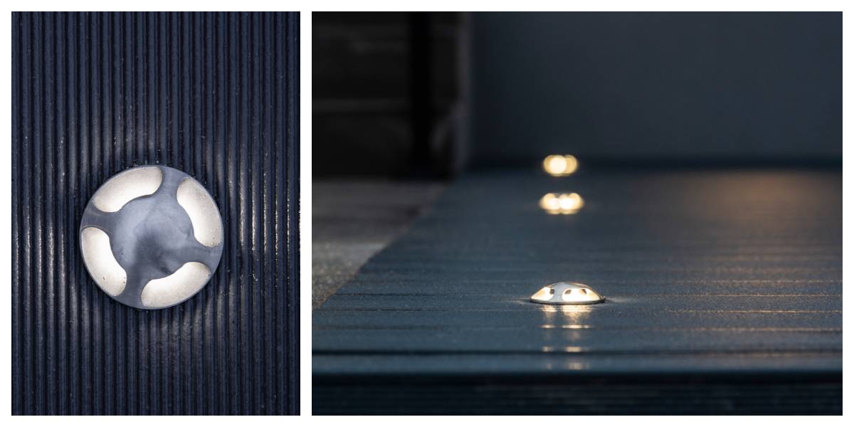 De cerca y de perfil, las cubiertas LED redondas y empotradas de LedStore.fi iluminan la terraza con una luz tenue y agradable. Estas luces LED de iluminación ambiental y acento para patios se montan uniformemente en la superficie exterior acanalada y de tono oscuro. 