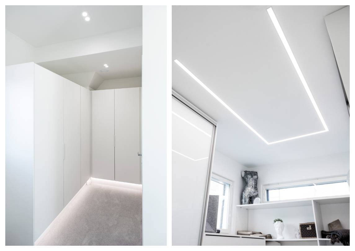 Imagen en dos partes: el lado izquierdo muestra un pasillo blanco minimalista con armarios integrados, iluminación suave y elegante iluminación LED de armarios. A la derecha, una habitación moderna con luces LED lineales empotradas que resaltan las estanterías y acentúan los elementos decorativos.¡Echa un vistazo a la amplia gama de soluciones de iluminación LED para cada hogar en LedStore.fi!
