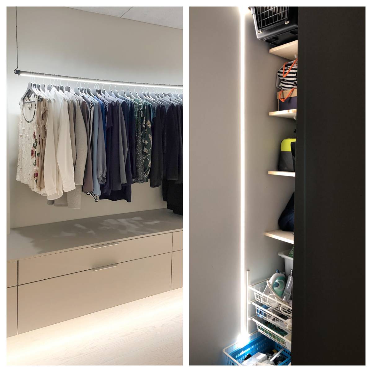 copyright LedStore.fi Consejos para la iluminación de armarios con tira de LED y perfil de aluminio. Un armario iluminado en toda su longitud, tira de LED montada bajo el cajón para una iluminación indirecta. En la segunda imagen, tira LED montada verticalmente en un perfil empotrado dentro del armario. copyright de la imagen LedStore.fi