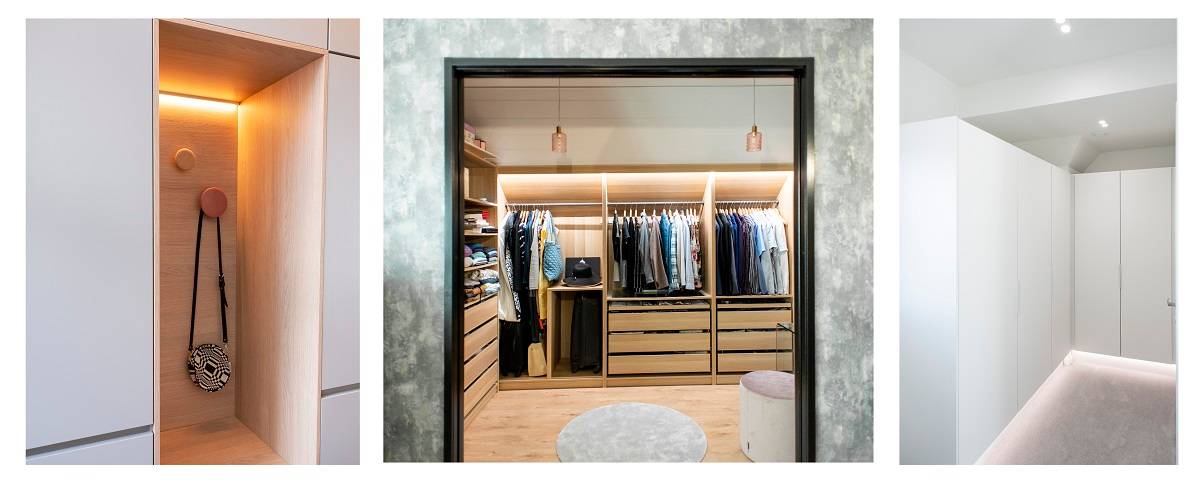 diseño de iluminación del dormitorio, luz en diferentes niveles de tira led y focos led