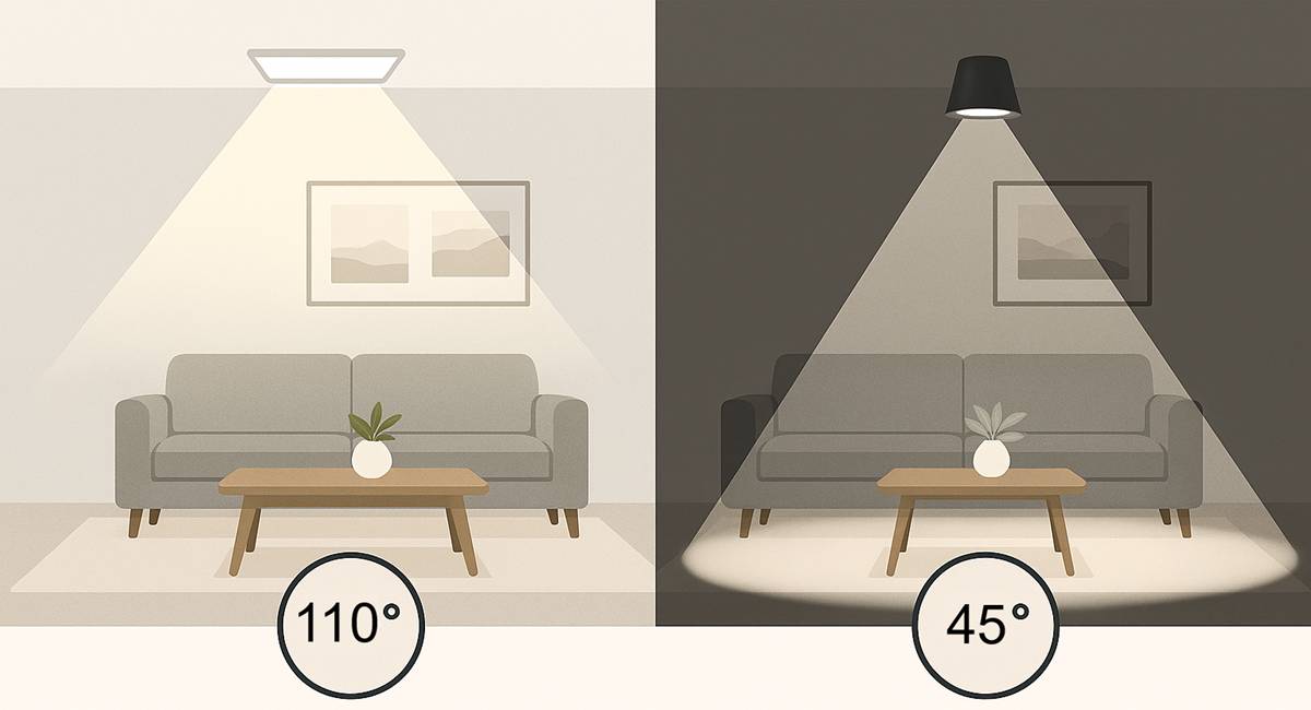 La iluminación LED de ángulo de haz amplio (110°) ilumina toda la habitación, mientras que el ángulo de haz más estrecho (45°) resalta zonas como la mesa del comedor y el sofá. Los distintos ángulos de iluminación influyen en el ambiente y la funcionalidad de la habitación: LedStore.fi tiene una amplia gama de soluciones que se adaptan a tus necesidades. 