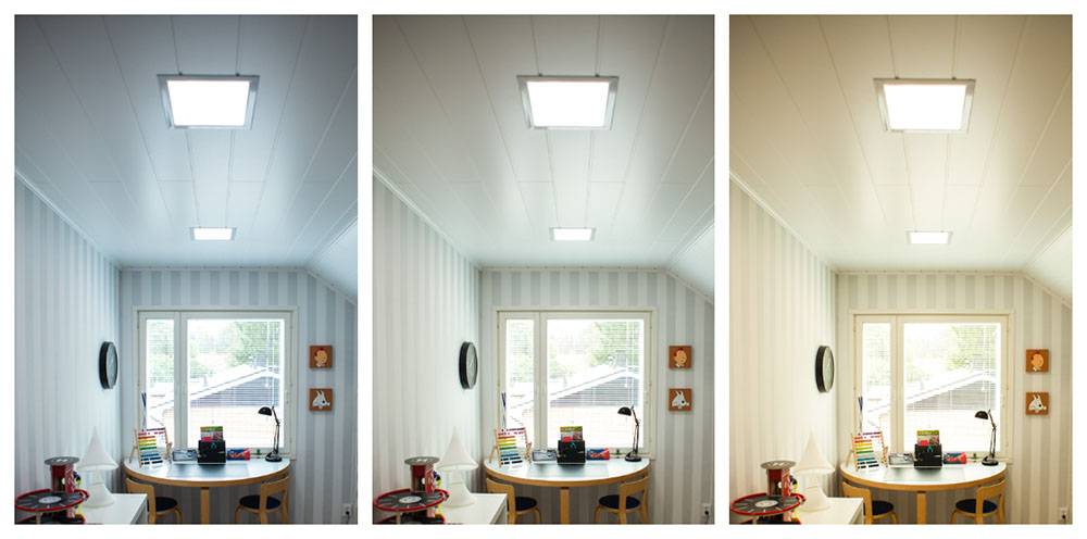 Cambiar la temperatura de color de la luz. En el ejemplo, una habitación infantil y tres colores de luz diferentes.