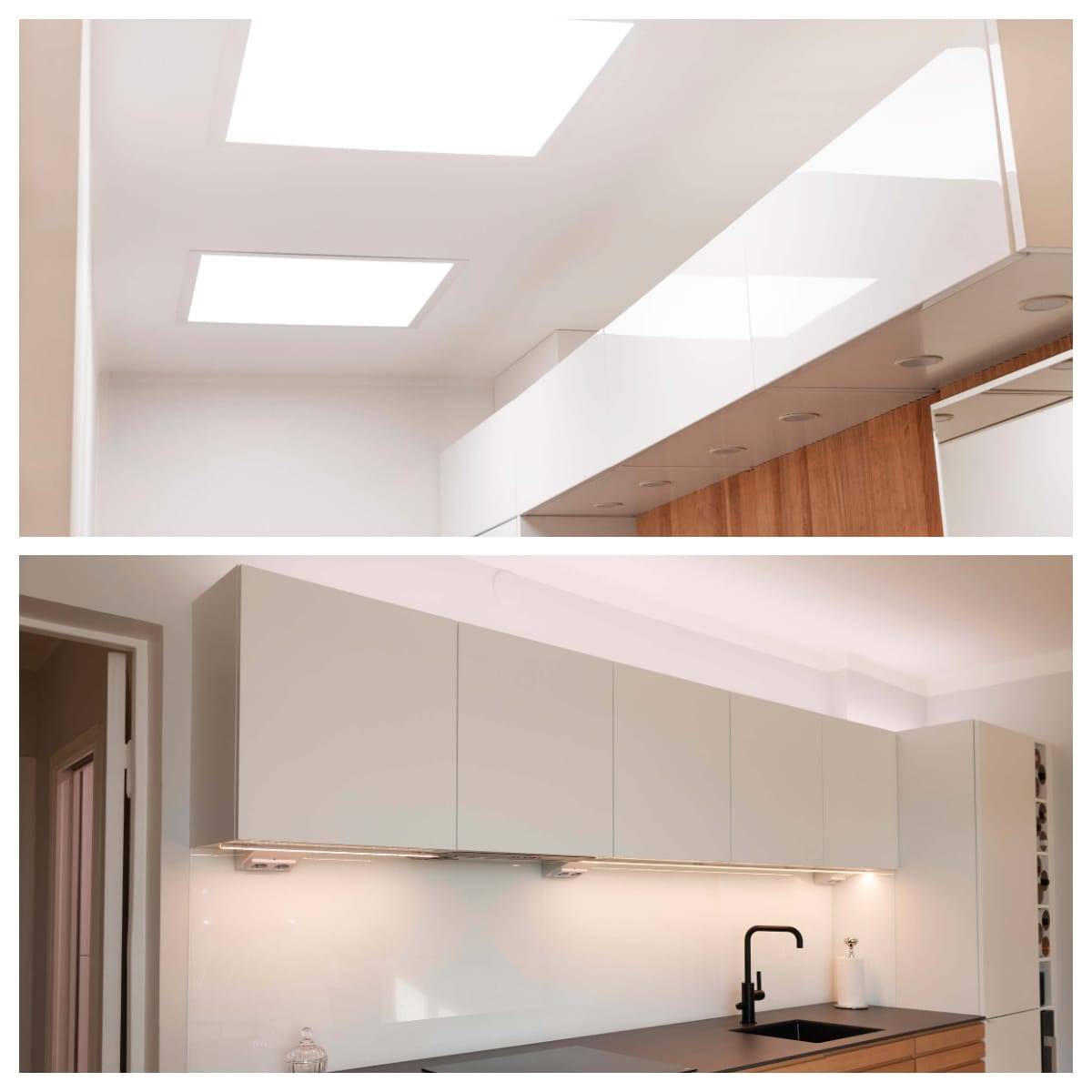 El Panel 600 de LedStore en el vestíbulo y la tira LED ajustable en temperatura de color CCT en la cocina están ambos controlados por Zigbee para uso móvil y se controlan mediante un botón de pared y un mando a distancia.