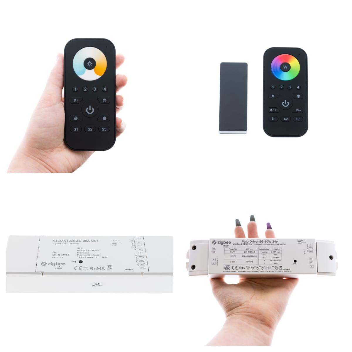 Fila superior con mandos a distancia Zigbee, luz blanca de blanco frío a blanco cálido, y tira de LED RGB que cambia de color. Los mandos a distancia tienen un imán para fijarlos a un soporte que se atornilla a la pared, por ejemplo. Los mandos a distancia y los receptores con las correspondientes funciones de control de la temperatura del color o de cambio de color se emparejan al concentrador para un control y programación versátiles.