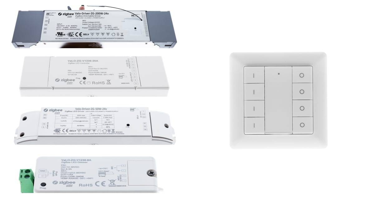 La imagen de la izquierda muestra transformadores Zigbee con receptores y un transceptor. A la derecha, un controlador para regular cuatro grupos. Todos los receptores/transformadores y pulsadores están conectados a la red a través de un concentrador, lo que permite controlar las luminarias tanto desde la interfaz de usuario mediante pulsadores móviles como inalámbricos.