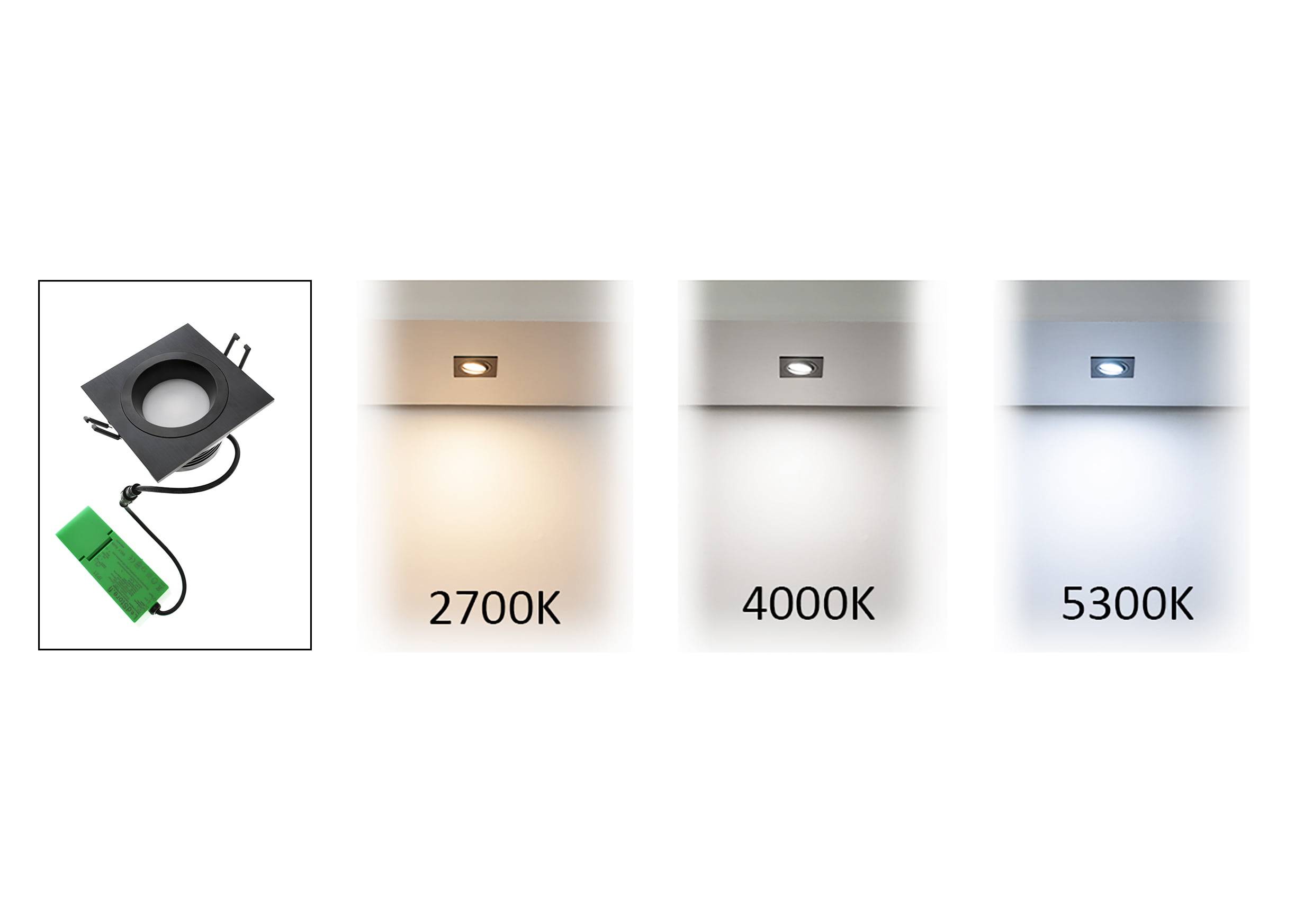 Luz LED cuadrada negra con temperatura de color regulable: blanco cálido 2700K, blanco neutro 4000K, blanco frío 5300K. Iluminación versátil para cualquier estado de ánimo.