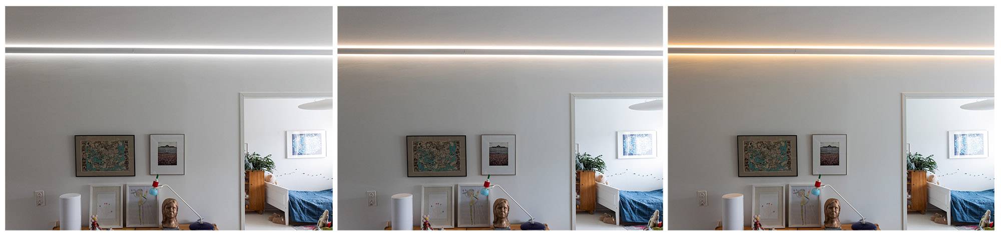 Ejemplos de tonos CCT de tira de LED a diferentes temperaturas de color de la luz blanca.