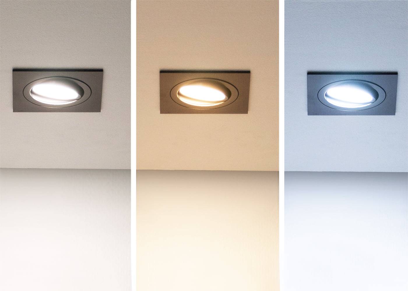 Tres plafones LED seguidos: blanco cálido, blanco neutro y blanco frío iluminan maravillosamente un techo gris. Un contraste de iluminación perfecto.