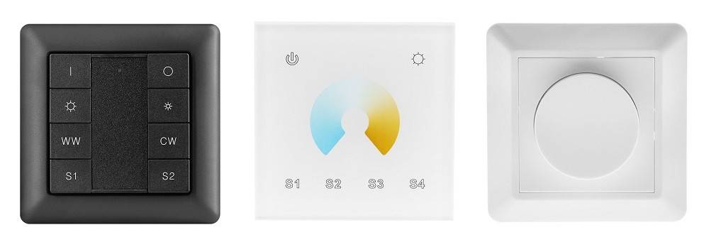 Existen diferentes tipos de dimmer Led. Desde la izquierda:Zigbee, PWM, TRIAC
