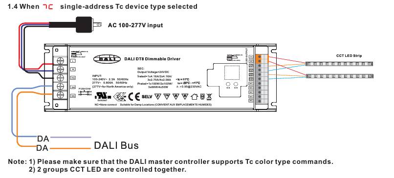 Esquema de un transformador DALI que controla tiras de LED CCT y está conectado a un bus DALI para control Tc unidireccional.