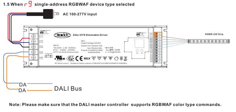 Esquema de la interfaz del regulador DALI DT8 para tira de LED RGBWAF, incluidas las conexiones del transformador DALI y la fuente de alimentación.