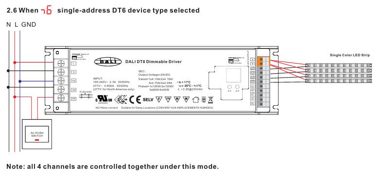 Esquema eléctrico: el transformador DALI del regulador DT6 controla la tira LED monocroma y el botón AC, mostrando las funciones DALI.