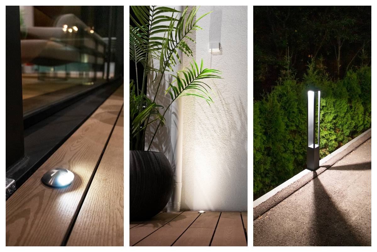 El borde de la terraza está iluminado por un foco de patio empotrado. En la segunda imagen, el borde de la pasarela está iluminado por una luminaria de columna negra que proporciona luz en tres direcciones. 