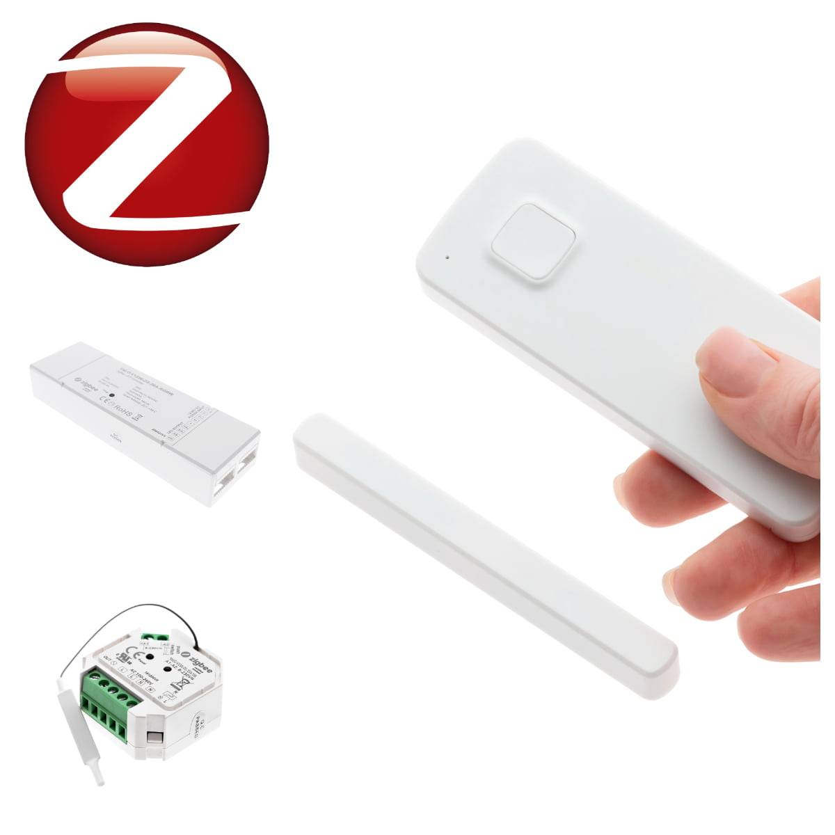 Los productos de iluminación inteligente Zigbee también incluyen un sensor de puerta (derecha) que enciende y apaga las luces cuando se abre la puerta.