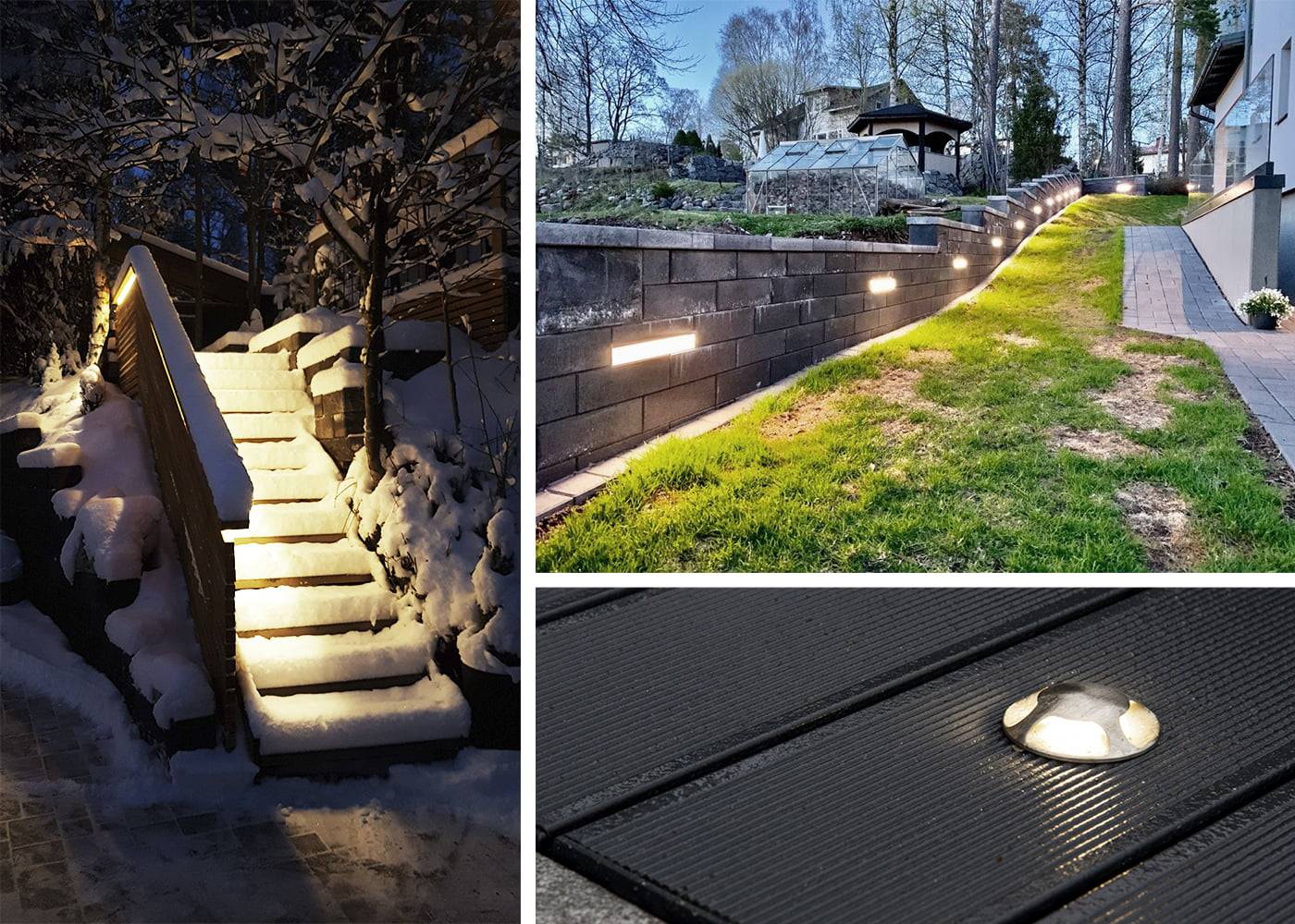 Un cuadro compuesto de iluminación LED para exteriores: las escaleras nevadas, la pasarela del jardín y la luz de la cubierta muestran soluciones de iluminación energéticamente eficientes.