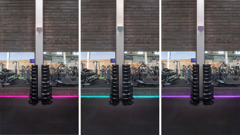 El suelo del gimnasio OleFit tiene una tira de leds RGB+W.