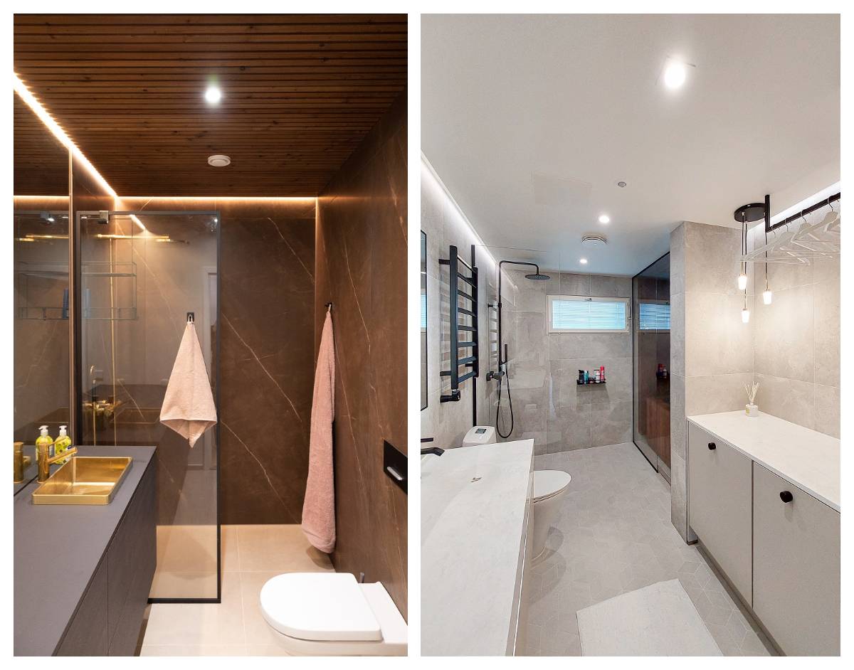 Presentados uno junto al otro: un baño moderno oscuro y un baño minimalista claro, ambos con duchas de cristal y focos LED colocados a propósito para resaltar los distintos usos y estados de ánimo de los espacios.
