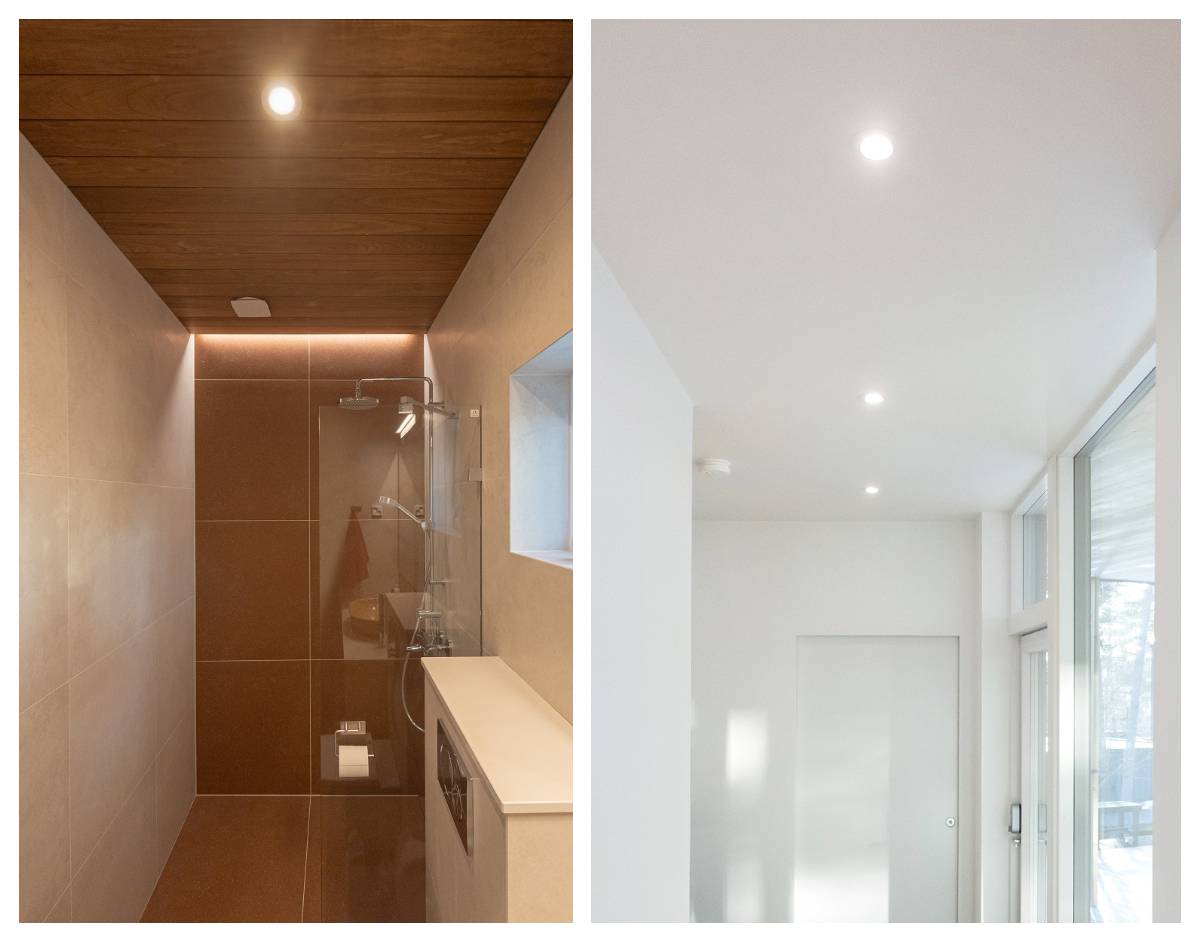 Focos led en el baño y el pasillo. Los focos se instalan en la línea central del espacio. 