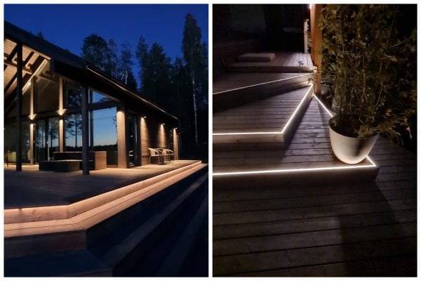 Dos fotos. Izquierda: una casa de campo moderna al anochecer, iluminada por apliques indirectos. En primer plano, una escalera con luz procedente de debajo del rodapié que ilumina el peldaño. Izquierda: el borde delantero de los peldaños, entre las tablas, está iluminado por una tira de LED que ilumina hacia arriba.