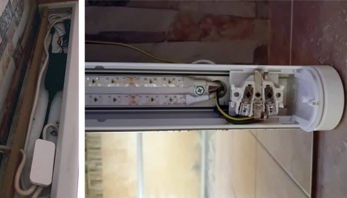 Tira de LED montada sobre un viejo armazón de tubo fluorescente.