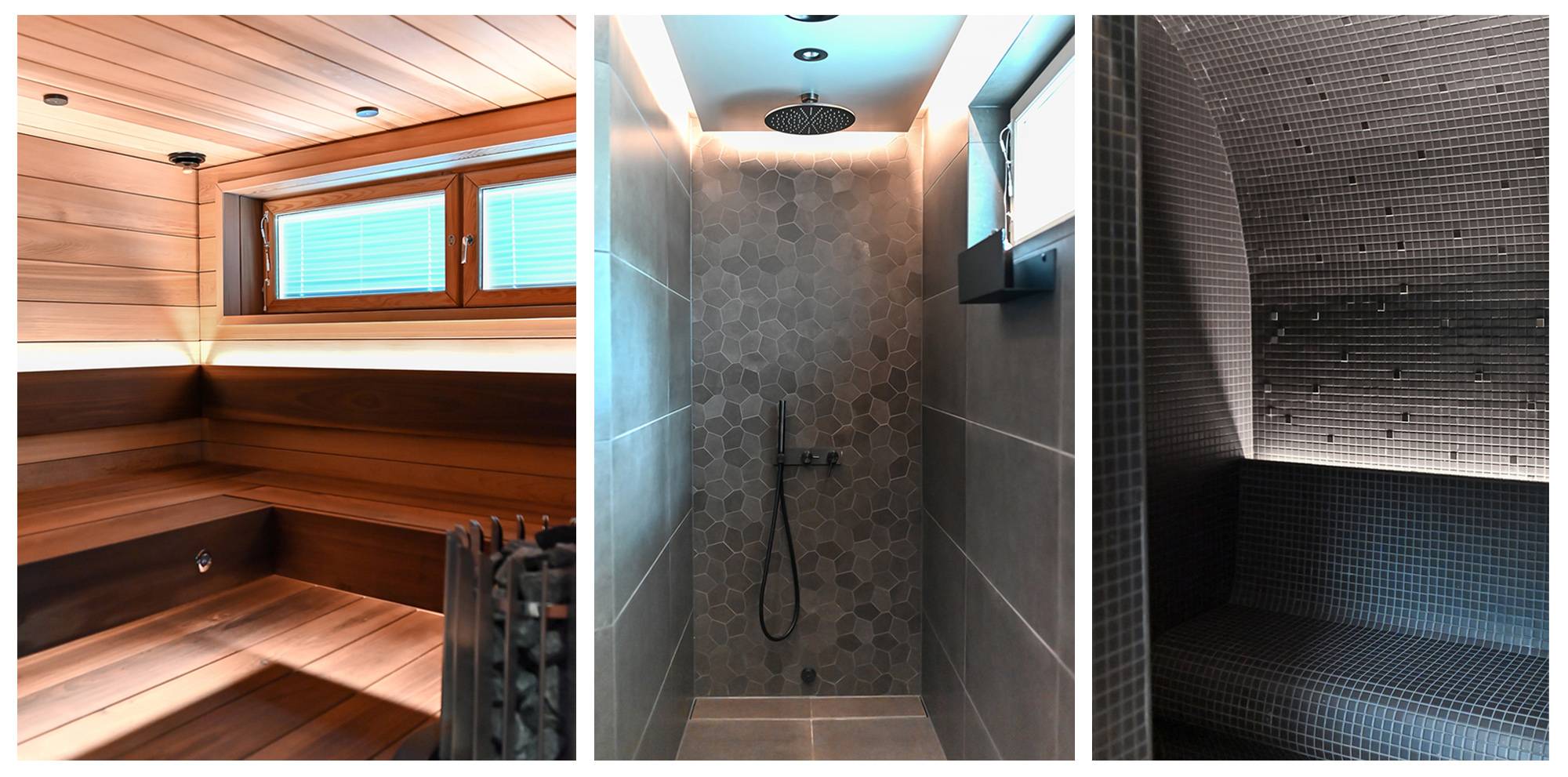 Renovación completa de las salas de ducha y sauna, con cintas para crear un ambiente especial. Fotos.