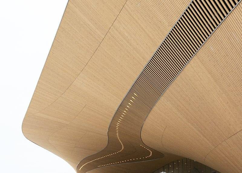 Una textura de madera curvada con un diseño ondulado y luces LED empotradas que acentúan el moderno aspecto abstracto sobre un fondo blanco.