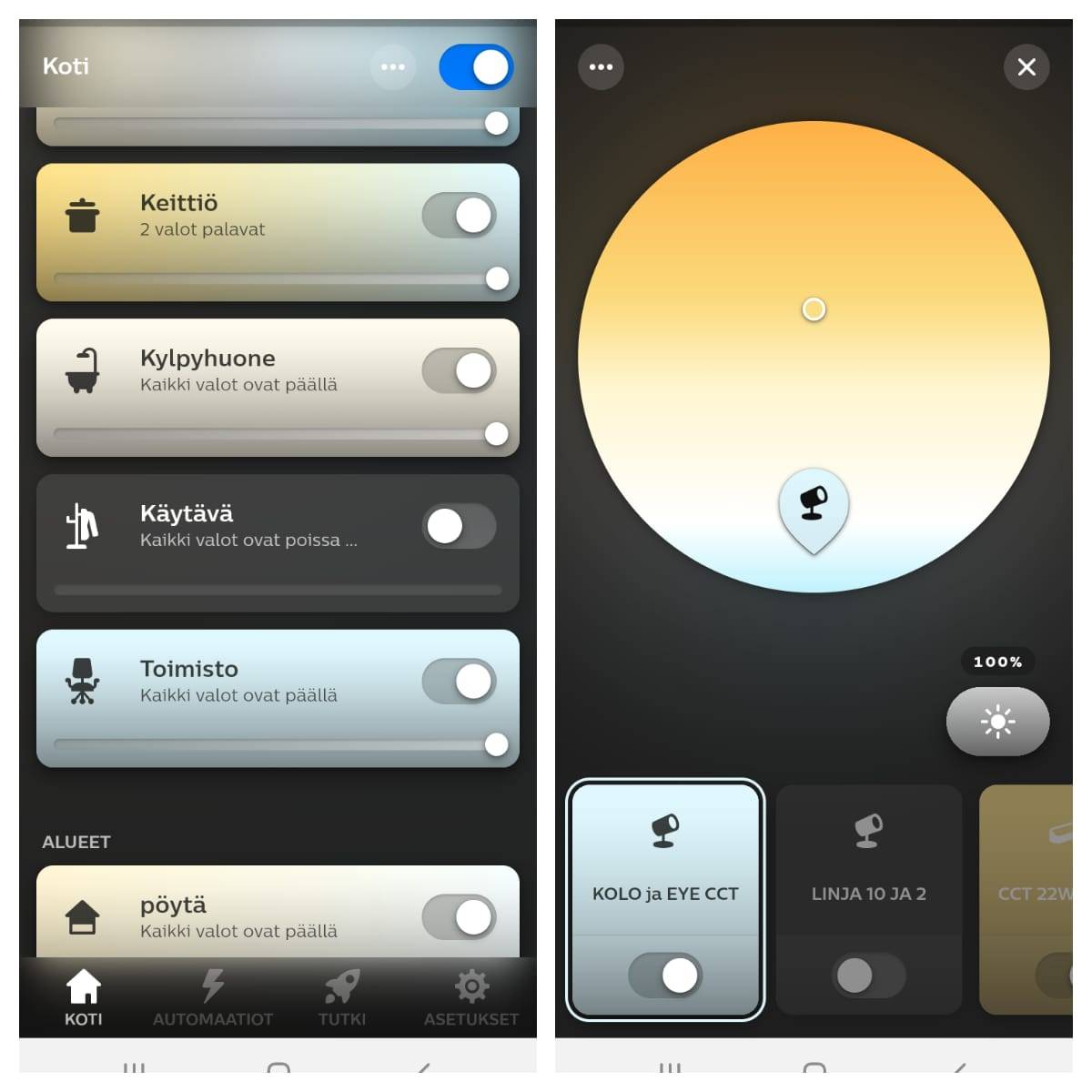 Un ejemplo de la vista móvil de Philips Hue. A la izquierda, las distintas habitaciones de la casa y a la derecha, el modo de control de luz de la cocina. La rueda de color ajusta la temperatura de color de la luz blanca de blanco cálido a blanco frío y el borde derecho ajusta el brillo. Por supuesto, también es posible la automatización.