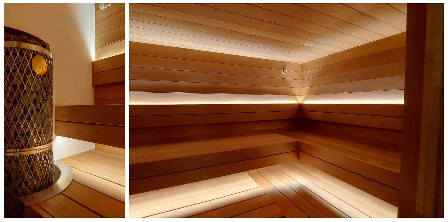 Iluminación con tiras de led de la sauna bajo el techo y en la parte superior del respaldo. Foto.