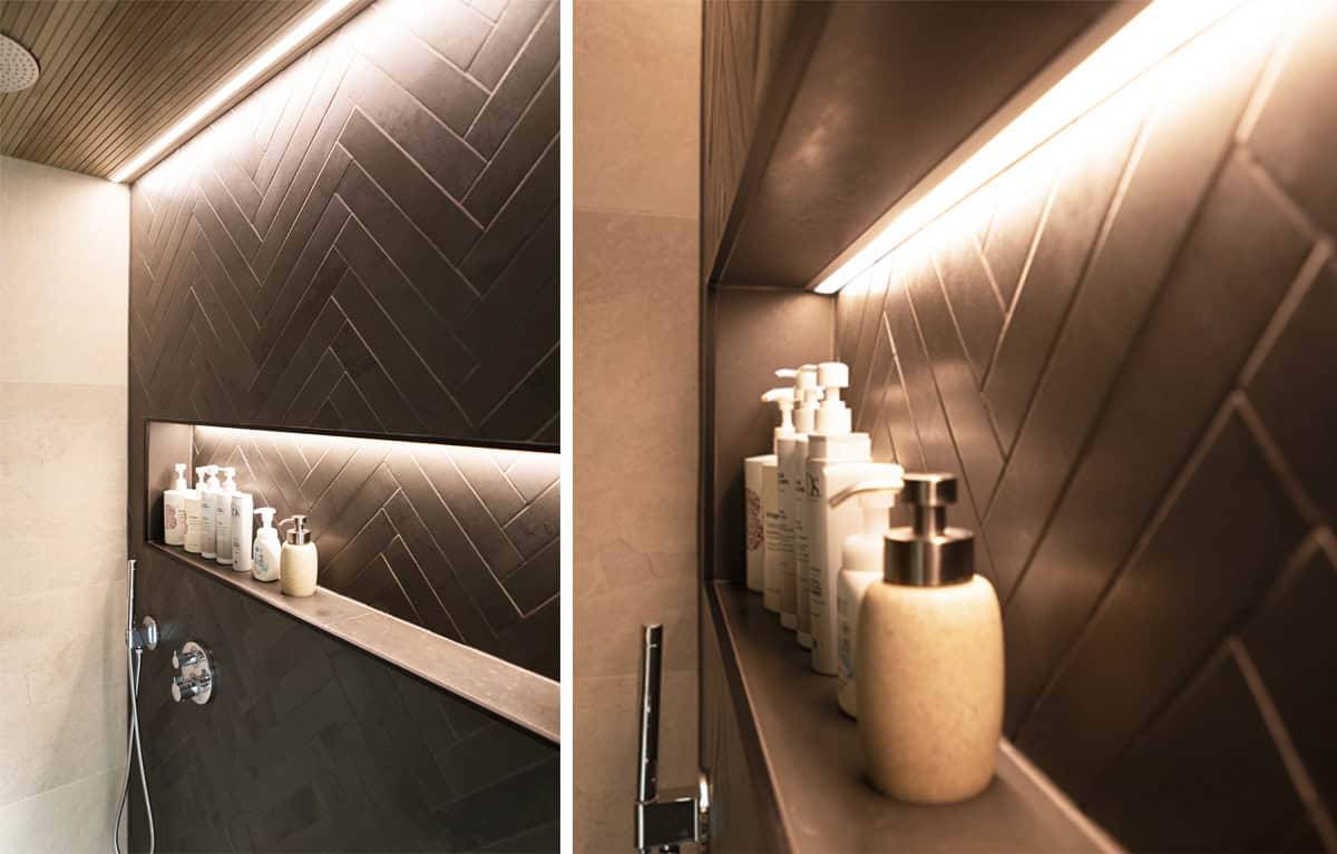 Iluminación del estante del champú con tira led.
