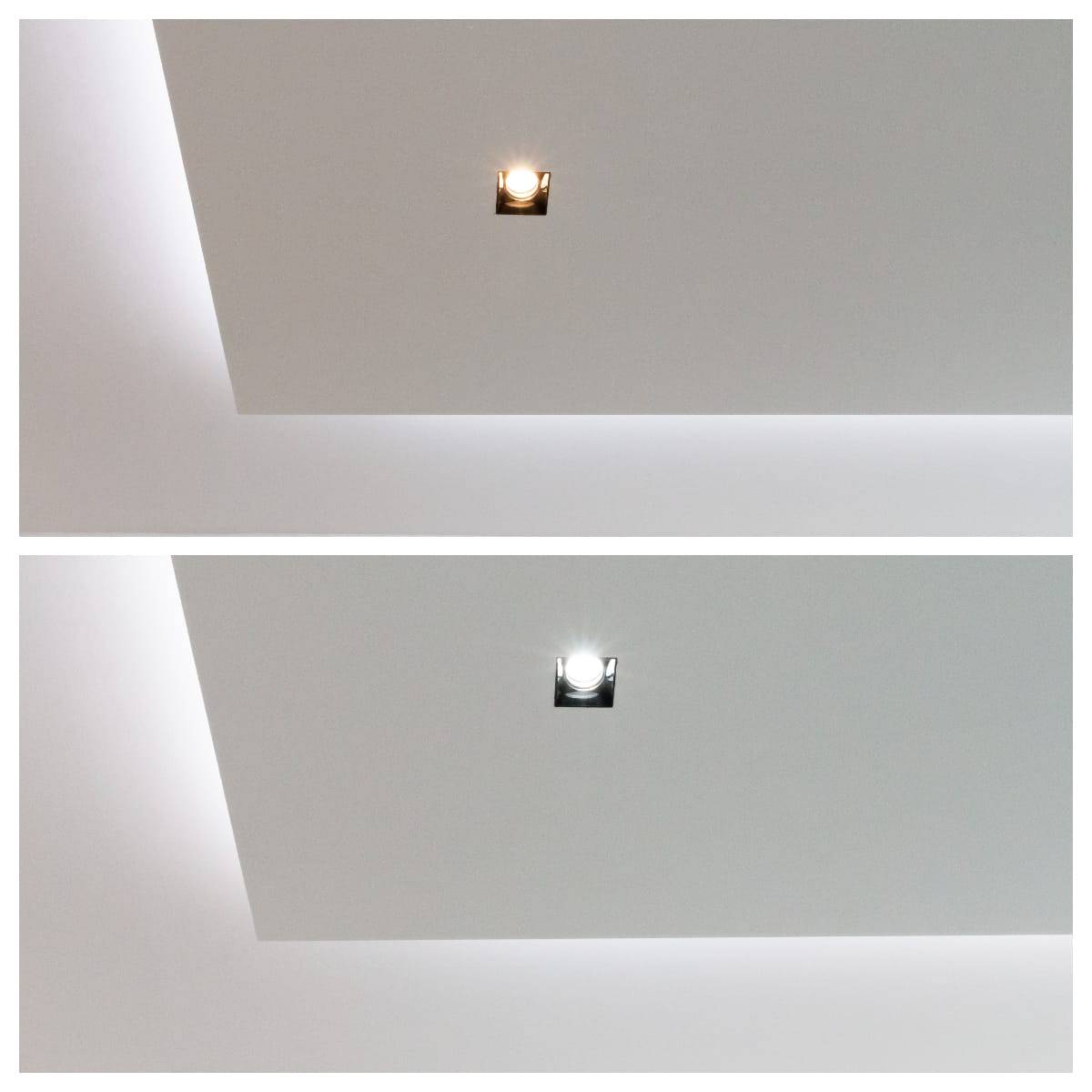 Renovación lumínica del techo de escayola, Ocultación de puntos en el techo rebajado acabado. Tonos de luz cálidos en la parte superior y fríos en la inferior.