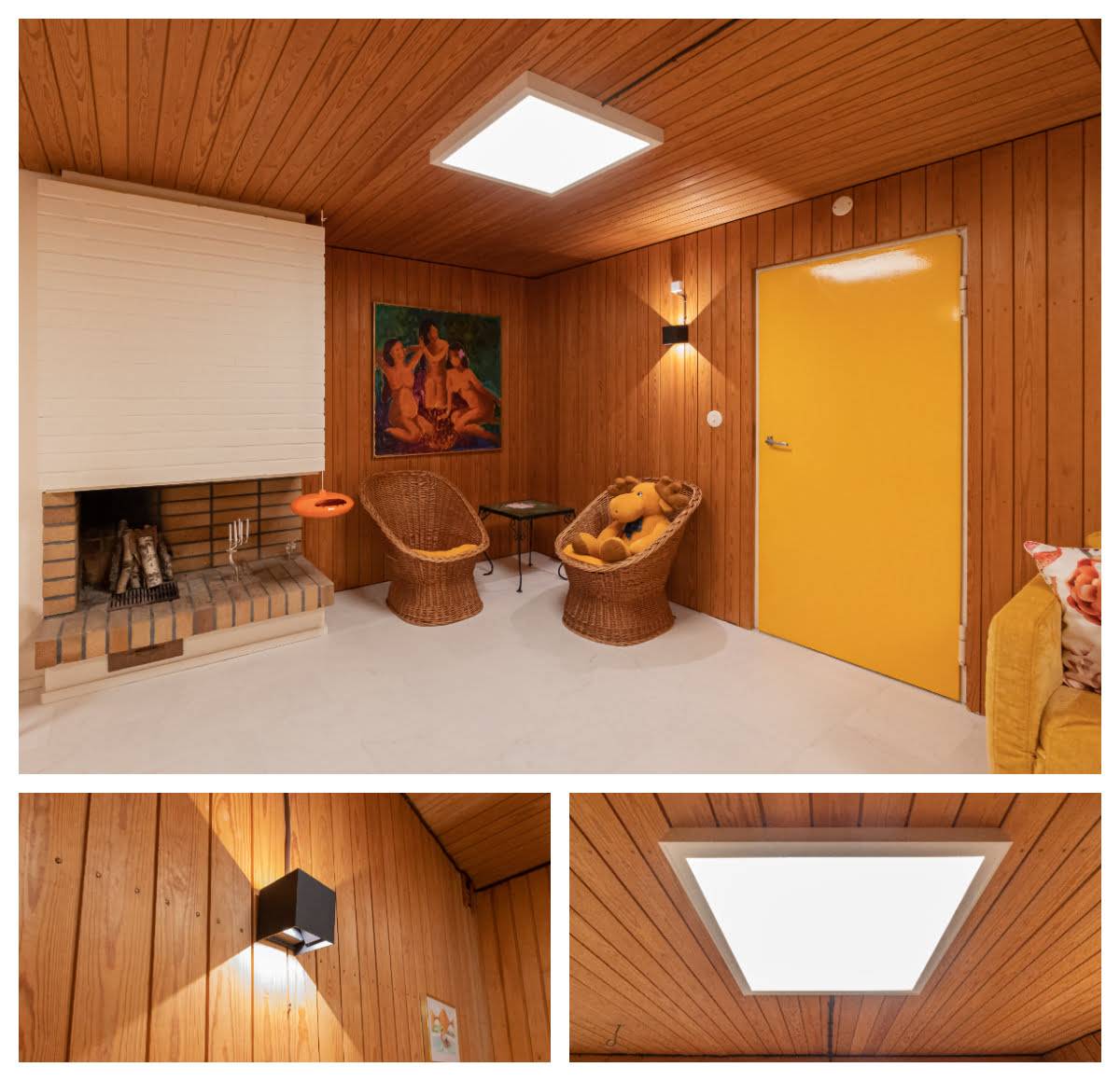Aplique Funk con panel negro y led 600 temperatura de color regulable. Ambas lámparas son regulables. Tras la renovación, la chimenea tiene una buena iluminación. LedStore.fi