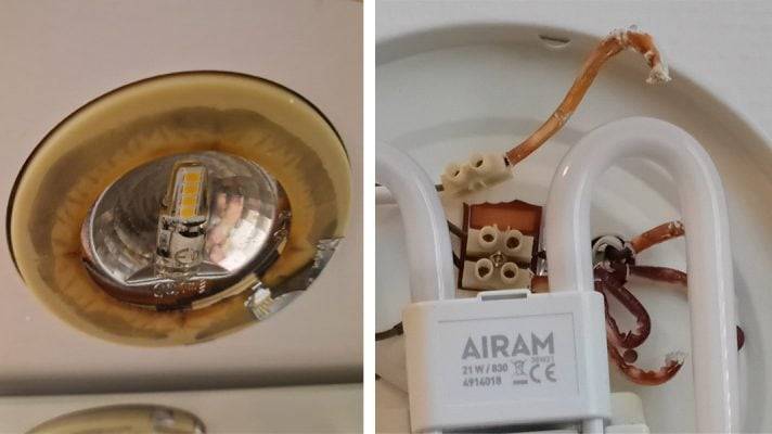 A la izquierda, un cuerpo de lámpara halógena amarilleado y deteriorado; a la derecha, piezas de plástico oxidadas en el interior de la lámpara.