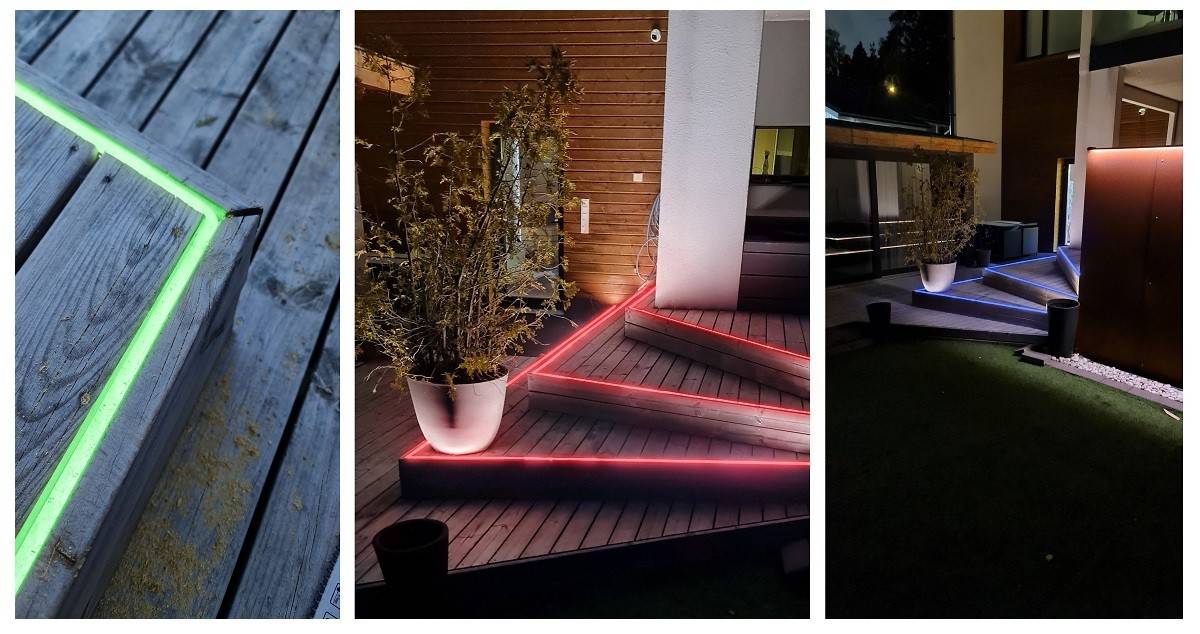 Tres imágenes de una tira led RGB NEON empotrada en el borde de un patio.  