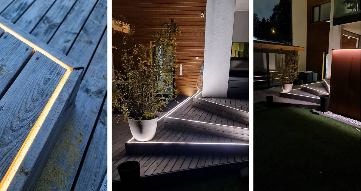 Imagen en tres partes de un patio moderno por la noche.<br/>En la primera imagen: Una suave iluminación LED de LedStore.fi recorre los bordes de la terraza de madera.<br/>En la segunda imagen: Iluminación integrada en la escalera, rodeada de plantas.<br/>En la tercera imagen: Una amplia vista de la zona iluminada de la terraza, que muestra la arquitectura moderna.