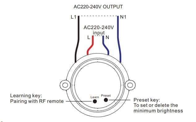 mando inalámbrico receptor 230 V esquema de funciones